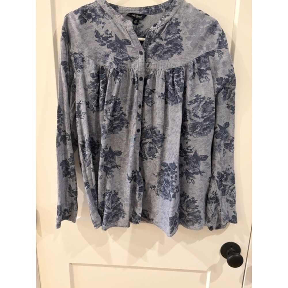 Lucky Brand Womens 1X Blue Floral Pinstripe Button Down Boho Blouse Top
